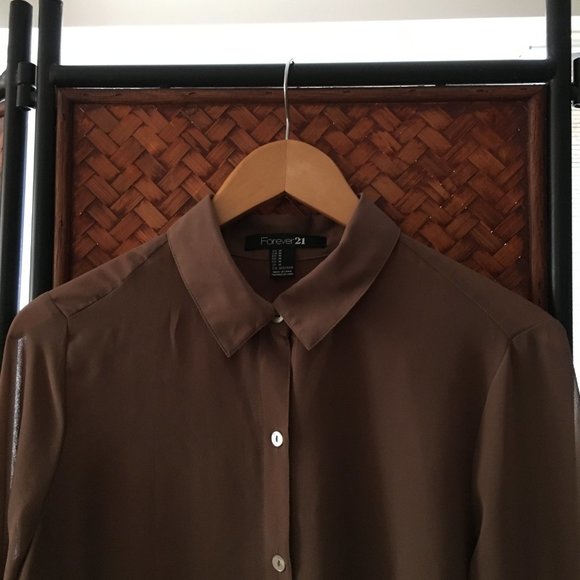 F21 Brown Pleated Button Down Dress Shirt - Picture 10 of 13